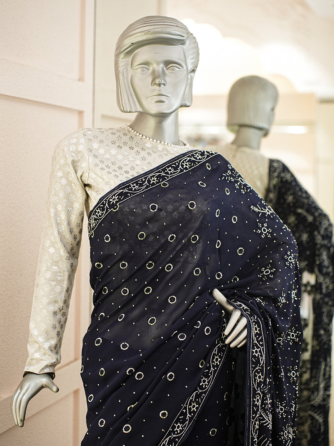 Ada Hand Embroidered Navy Blue Viscose Georgette Lucknowi Chikankari Saree With Blouse And Cutdana Work 01A535706