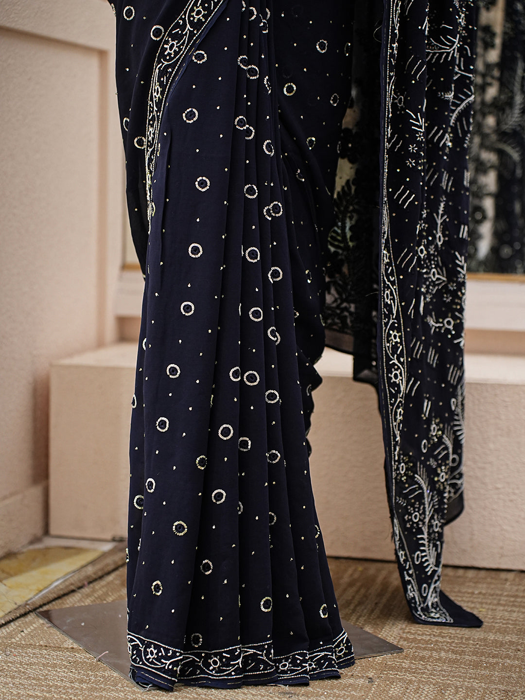 Ada Hand Embroidered Navy Blue Viscose Georgette Lucknowi Chikankari Saree With Blouse And Cutdana Work 01A535706