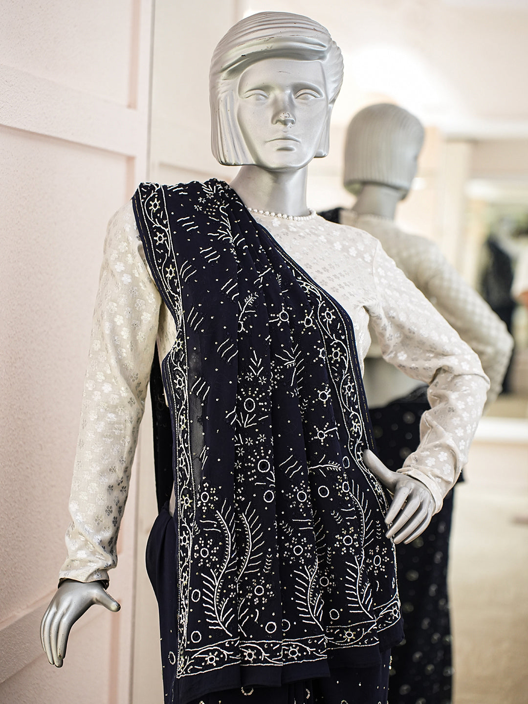 Ada Hand Embroidered Navy Blue Viscose Georgette Lucknowi Chikankari Saree With Blouse And Cutdana Work 01A535706