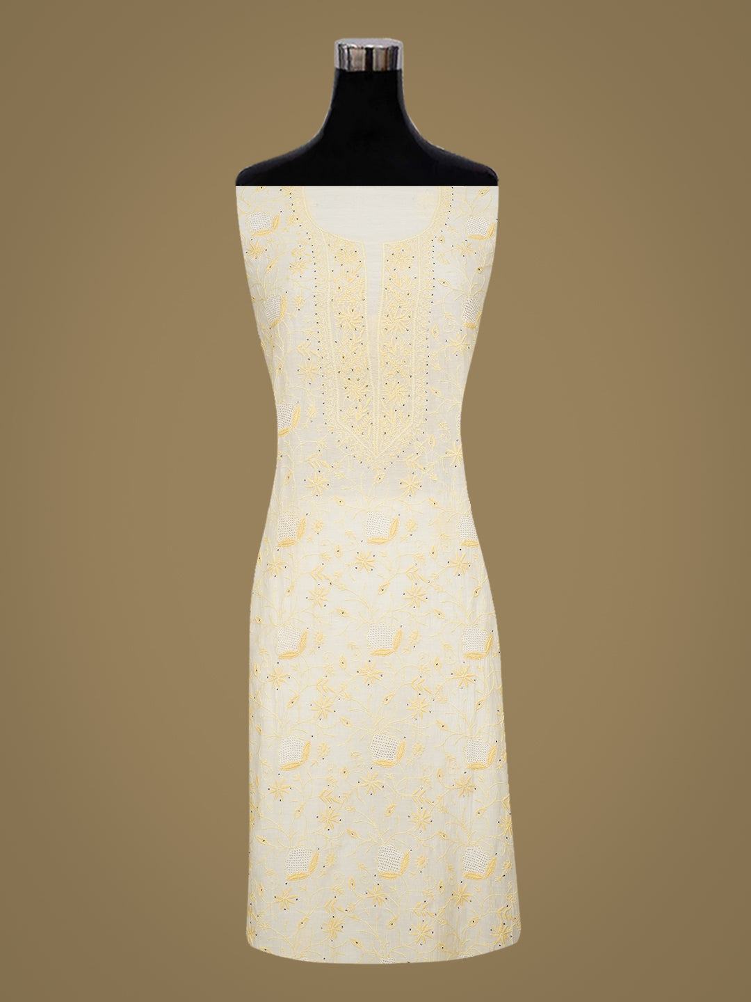 Ada Hand Embroidered Off-White Chanderi Lucknowi Chikankari Unstitched Kurta Dupatta Set With Muqaish/Mukaish Work 01A396461