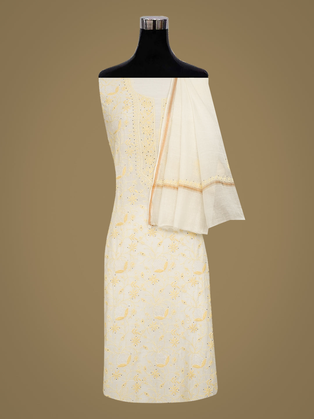 Ada Hand Embroidered Off-White Chanderi Lucknowi Chikankari Unstitched Kurta Dupatta Set With Muqaish/Mukaish Work 01A396461