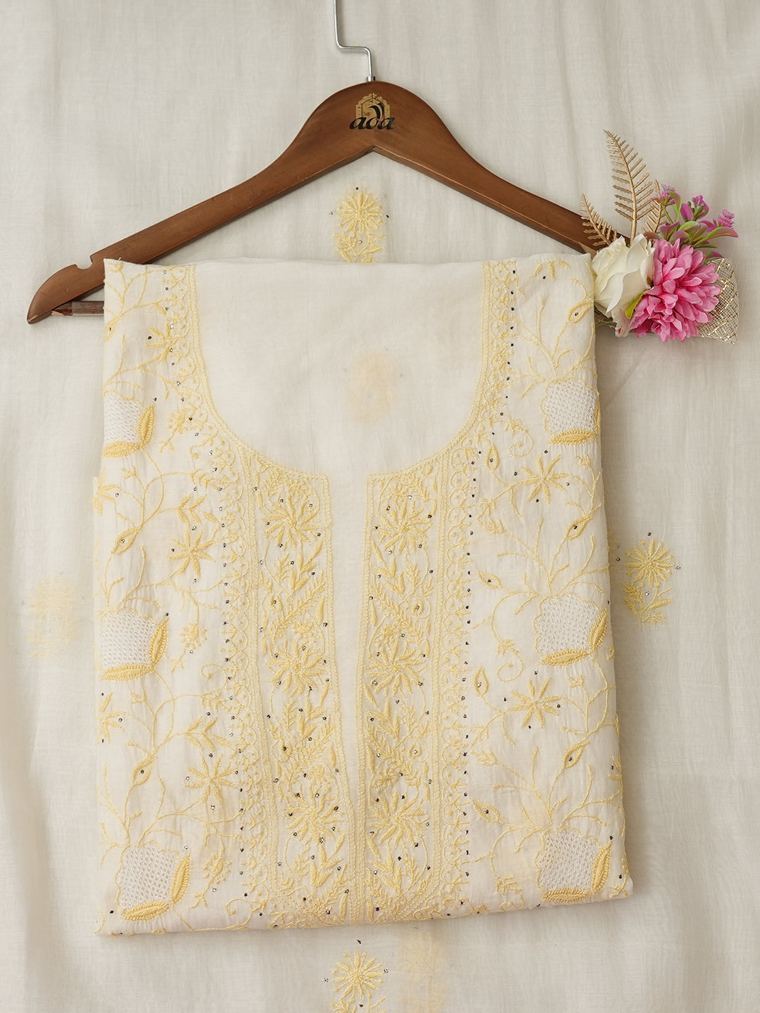 Ada Hand Embroidered Off-White Chanderi Lucknowi Chikankari Unstitched Kurta Dupatta Set With Muqaish/Mukaish Work 01A396461