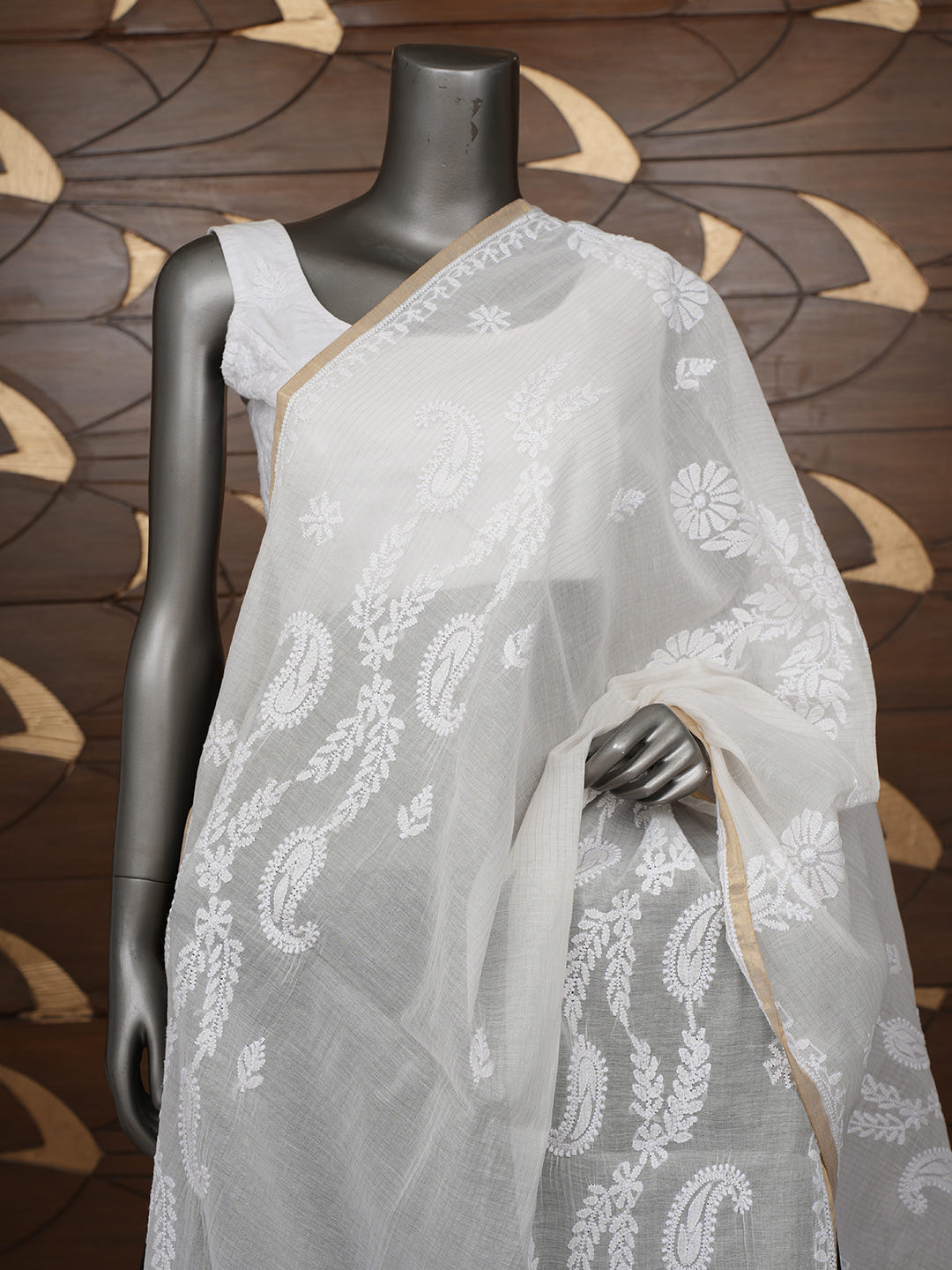 Ada Hand Embroidered Off White Chanderi Lucknowi Chikankari Dupatta 01A997858