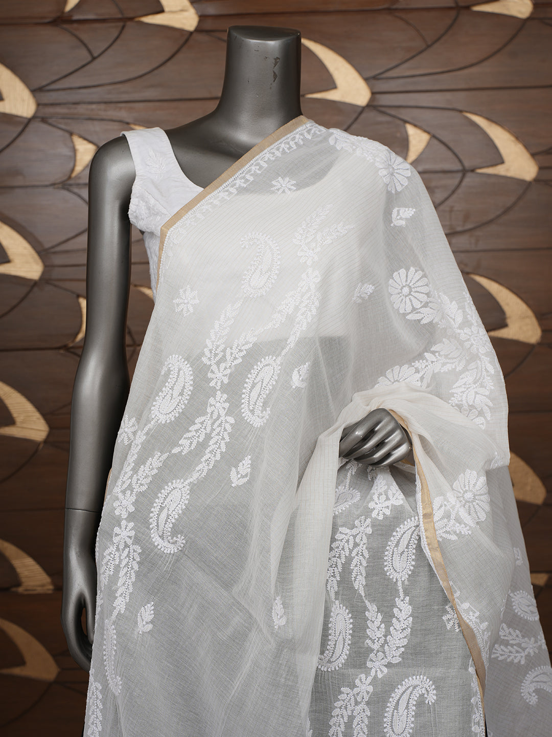 Ada Hand Embroidered Off White Chanderi Lucknowi Chikankari Dupatta 01A997858