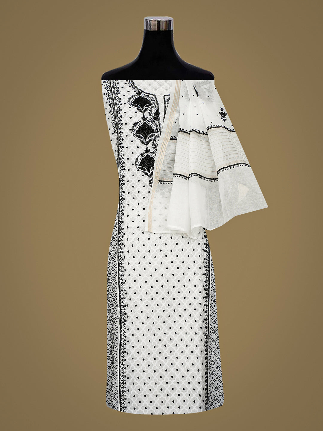 Ada Hand Embroidered Off White Chanderi Lucknowi Chikankari Semi-Unstitched Kurta Dupatta Set With Cutdana and Sequinned Work 01A935336