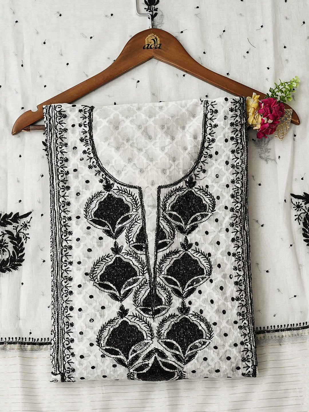 Ada Hand Embroidered Off White Chanderi Lucknowi Chikankari Semi-Unstitched Kurta Dupatta Set With Cutdana and Sequinned Work 01A935336