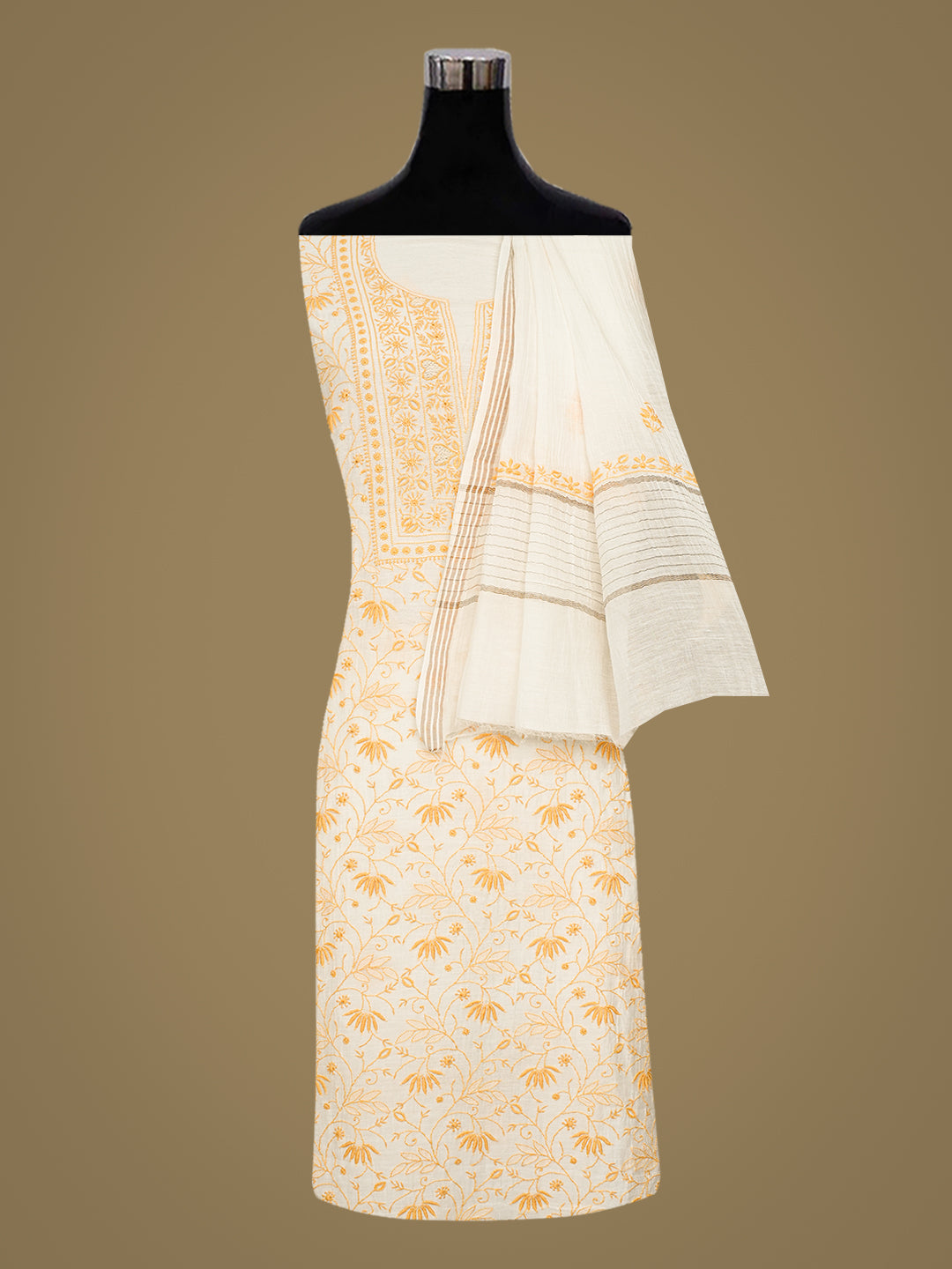 Ada Hand Embroidered Off White Chanderi Lucknowi Chikankari Unstitched Kurta Dupatta Set 01A805745