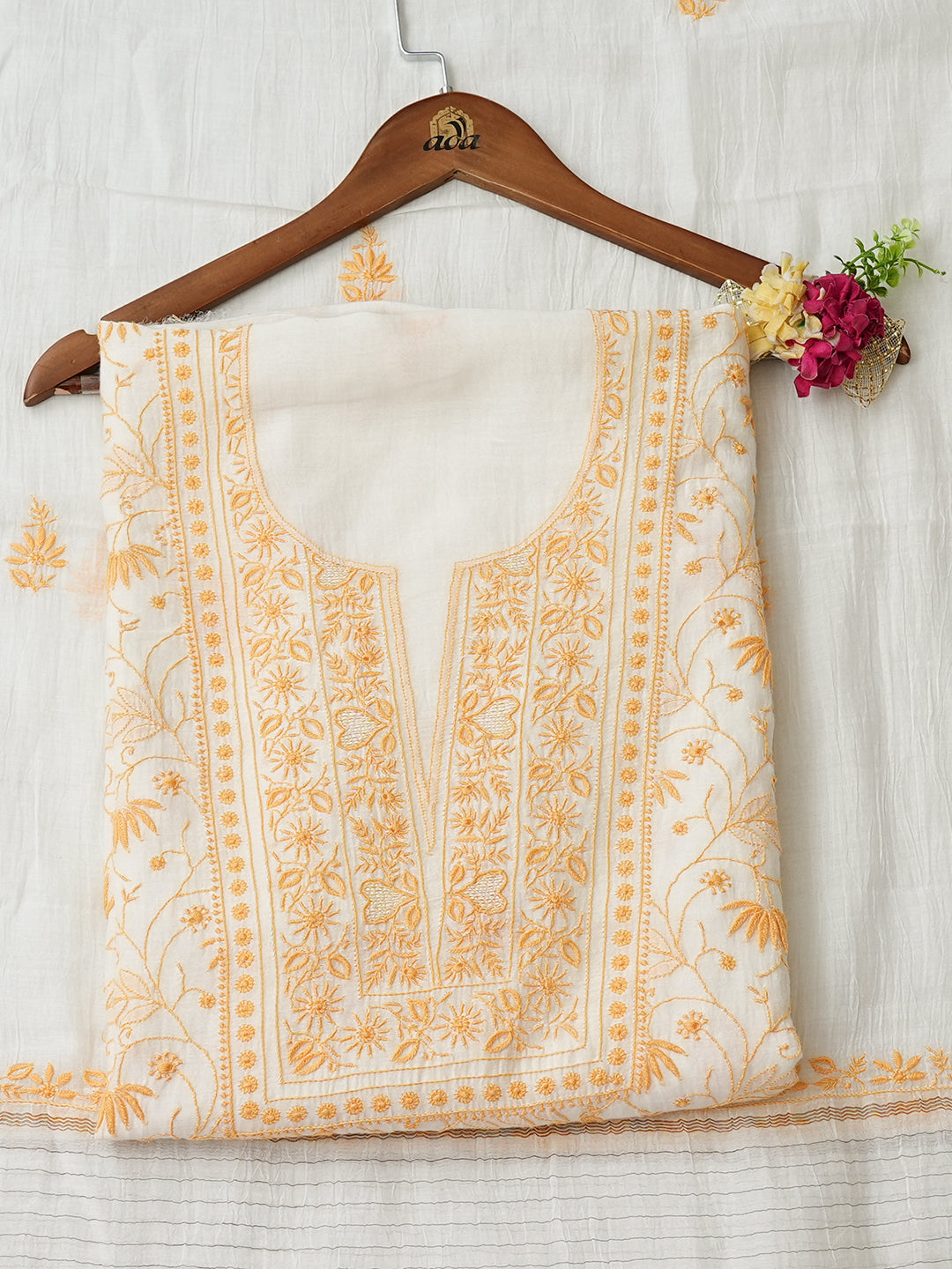Ada Hand Embroidered Off White Chanderi Lucknowi Chikankari Unstitched Kurta Dupatta Set 01A805745
