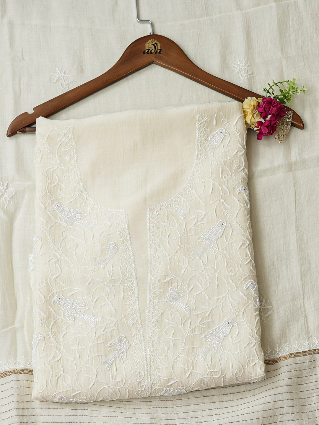 Ada Hand Embroidered Off White Chanderi Lucknowi Chikankari Unstitched Kurta Dupatta Set With Cutdana Work 01A837850