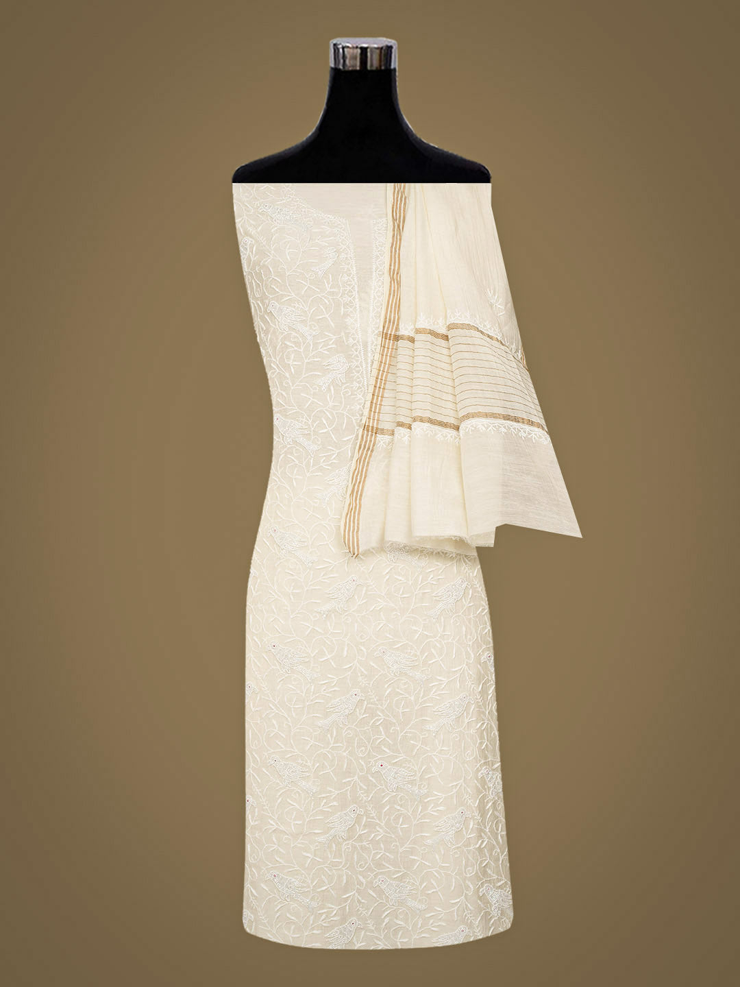Ada Hand Embroidered Off White Chanderi Lucknowi Chikankari Unstitched Kurta Dupatta Set With Cutdana Work 01A837850