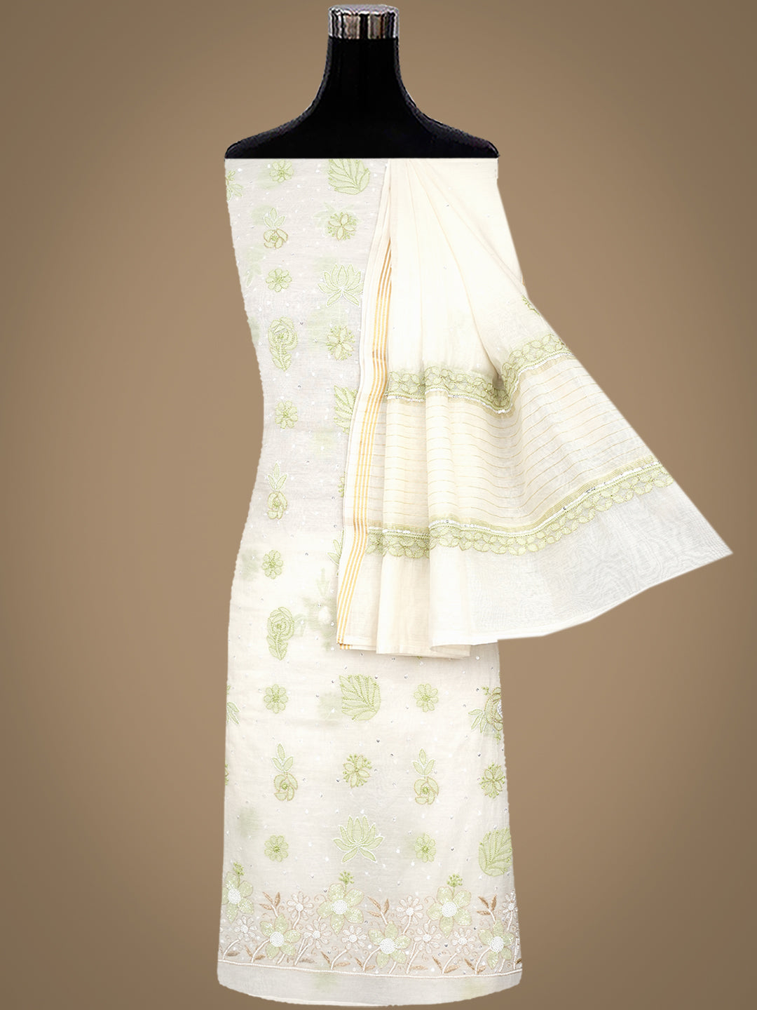 Ada Hand Embroidered Off White Chanderi Lucknowi Chikankari Unstitched Kurta Dupatta Set With Cutdana Work 01A867836