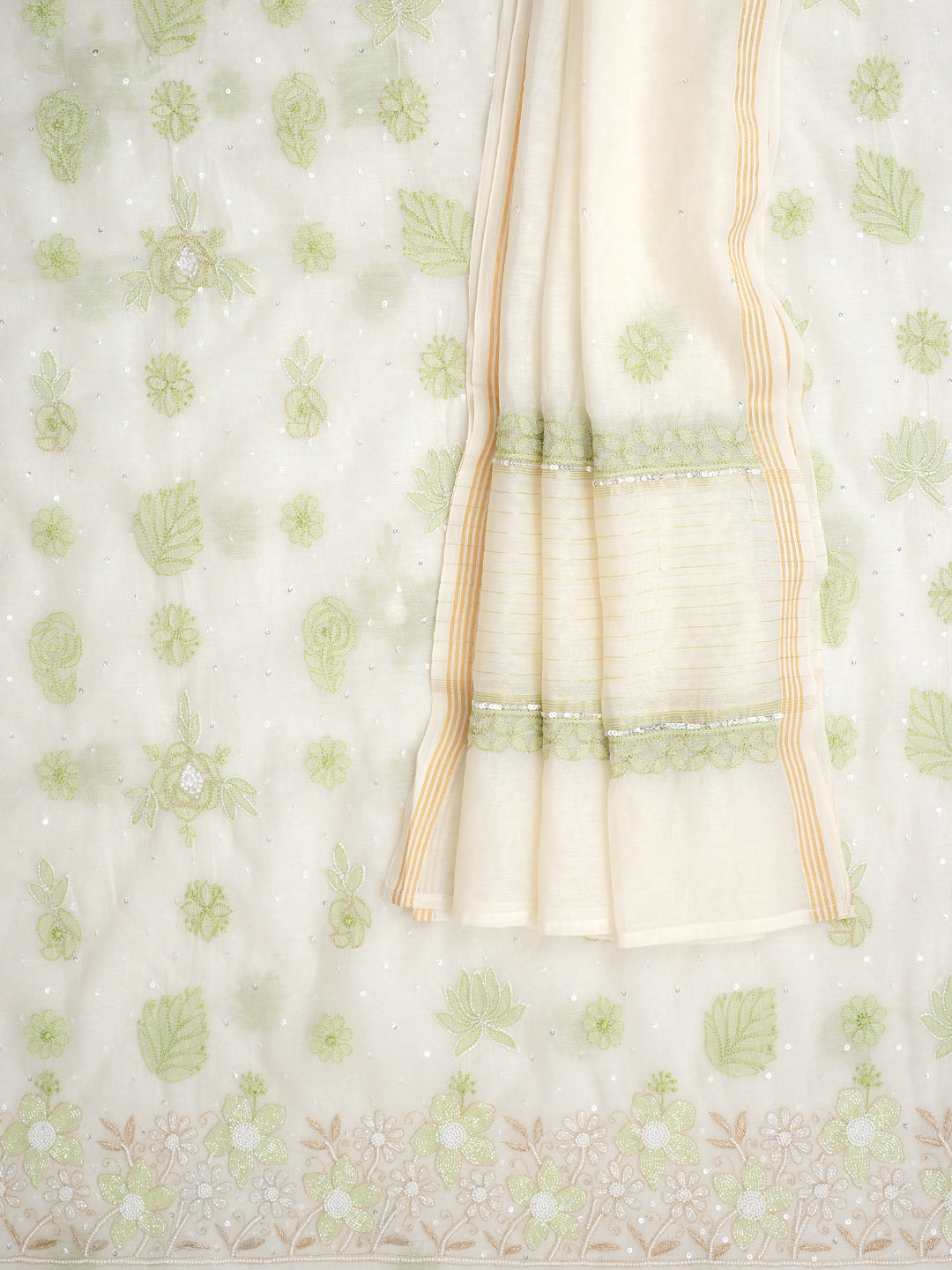 Ada Hand Embroidered Off White Chanderi Lucknowi Chikankari Unstitched Kurta Dupatta Set With Cutdana Work 01A867836