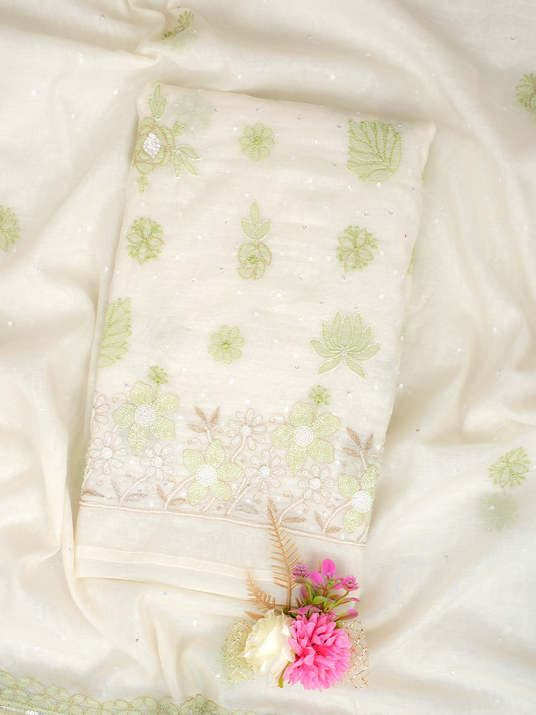 Ada Hand Embroidered Off White Chanderi Lucknowi Chikankari Unstitched Kurta Dupatta Set With Cutdana Work 01A867836