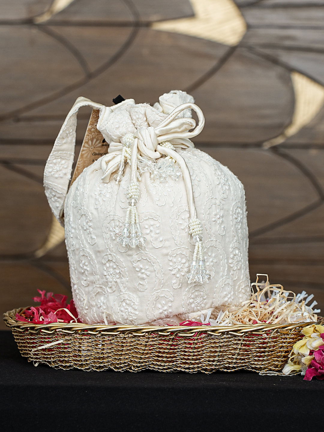 Ada Hand Embroidered Off White Cotton Lucknowi Chikankari Potli Bag 01A996452
