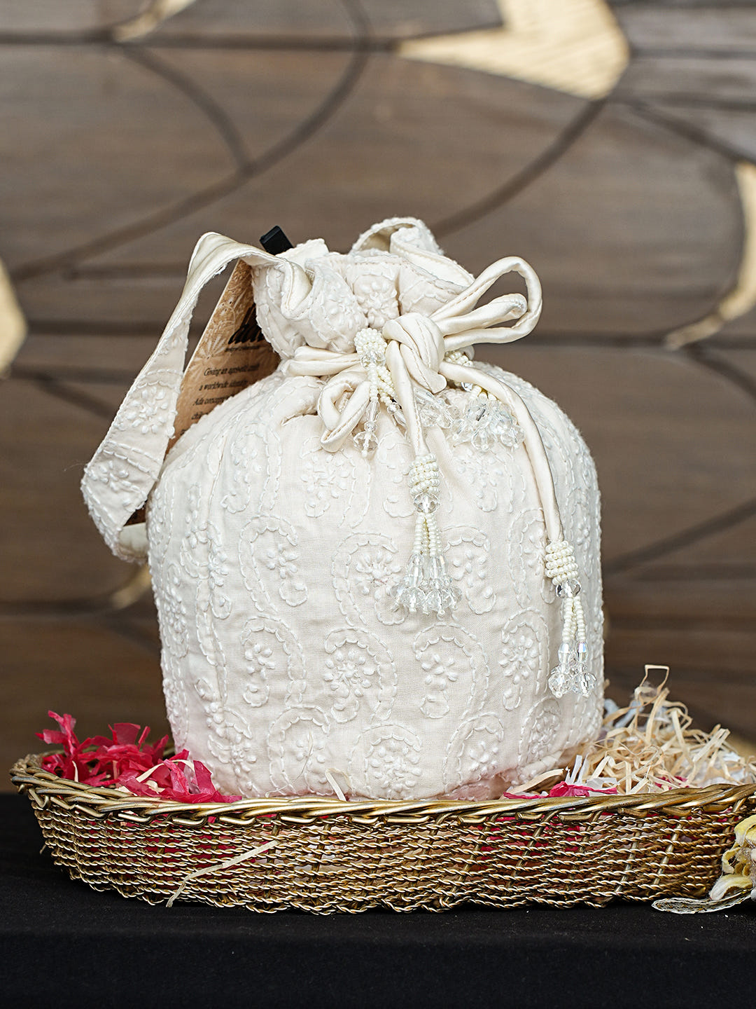 Ada Hand Embroidered Off White Cotton Lucknowi Chikankari Potli Bag 01A996452