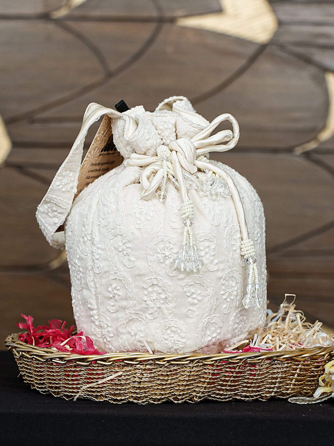 Ada Hand Embroidered Off White Cotton Lucknowi Chikankari Potli Bag 01A996452
