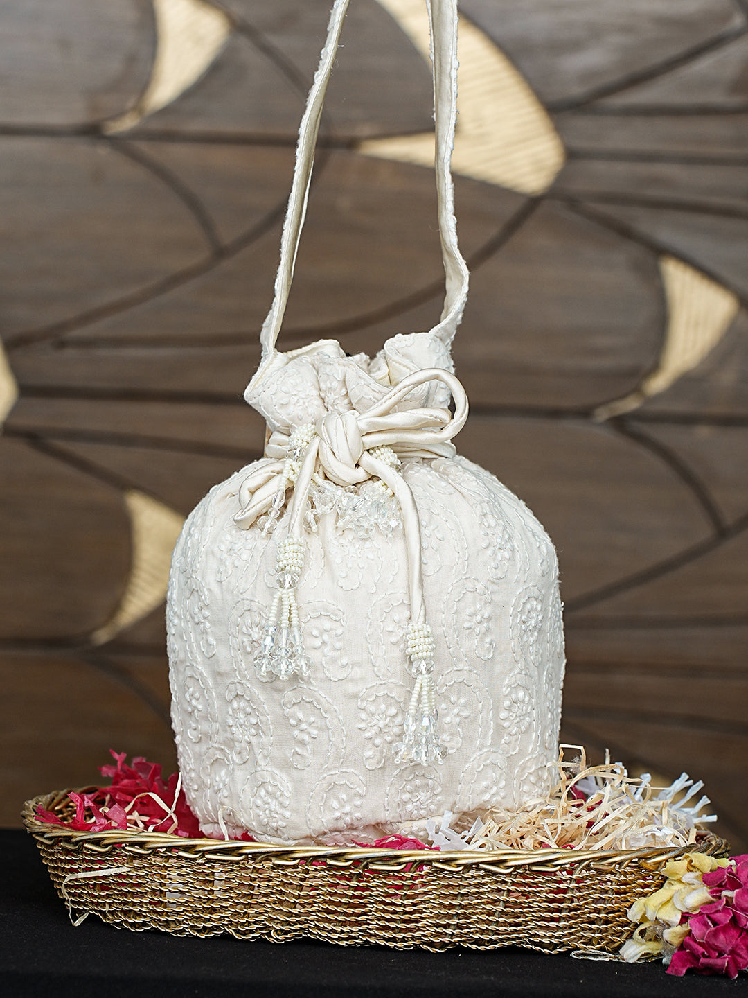 Ada Hand Embroidered Off White Cotton Lucknowi Chikankari Potli Bag 01A996452