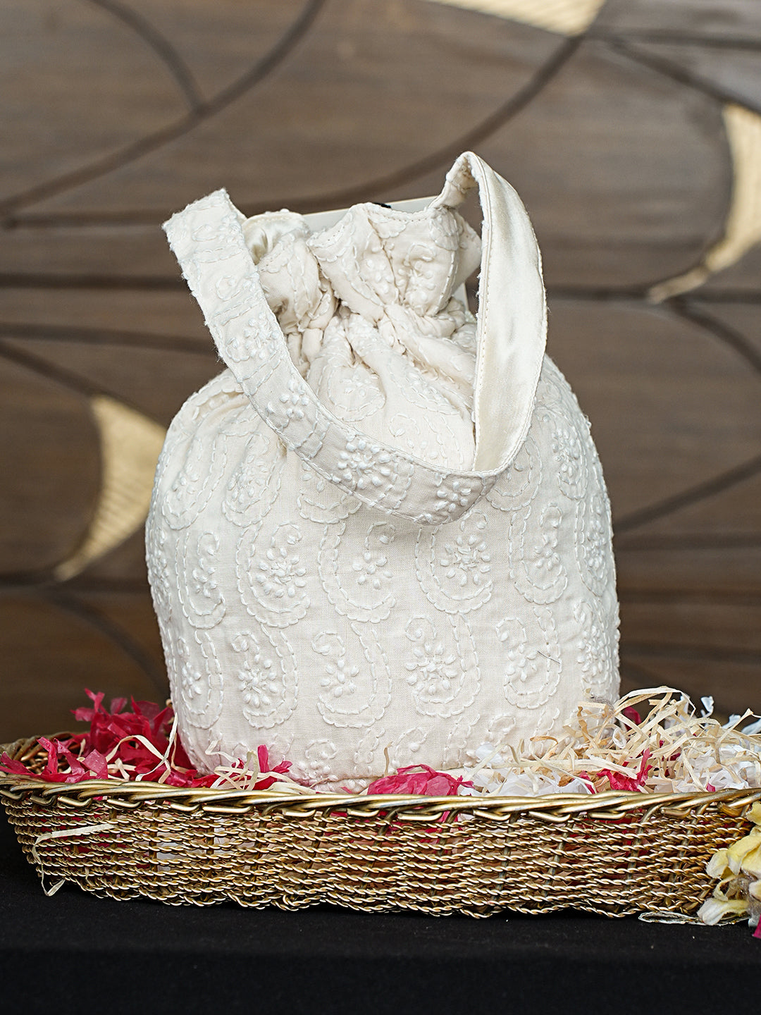 Ada Hand Embroidered Off White Cotton Lucknowi Chikankari Potli Bag 01A996452