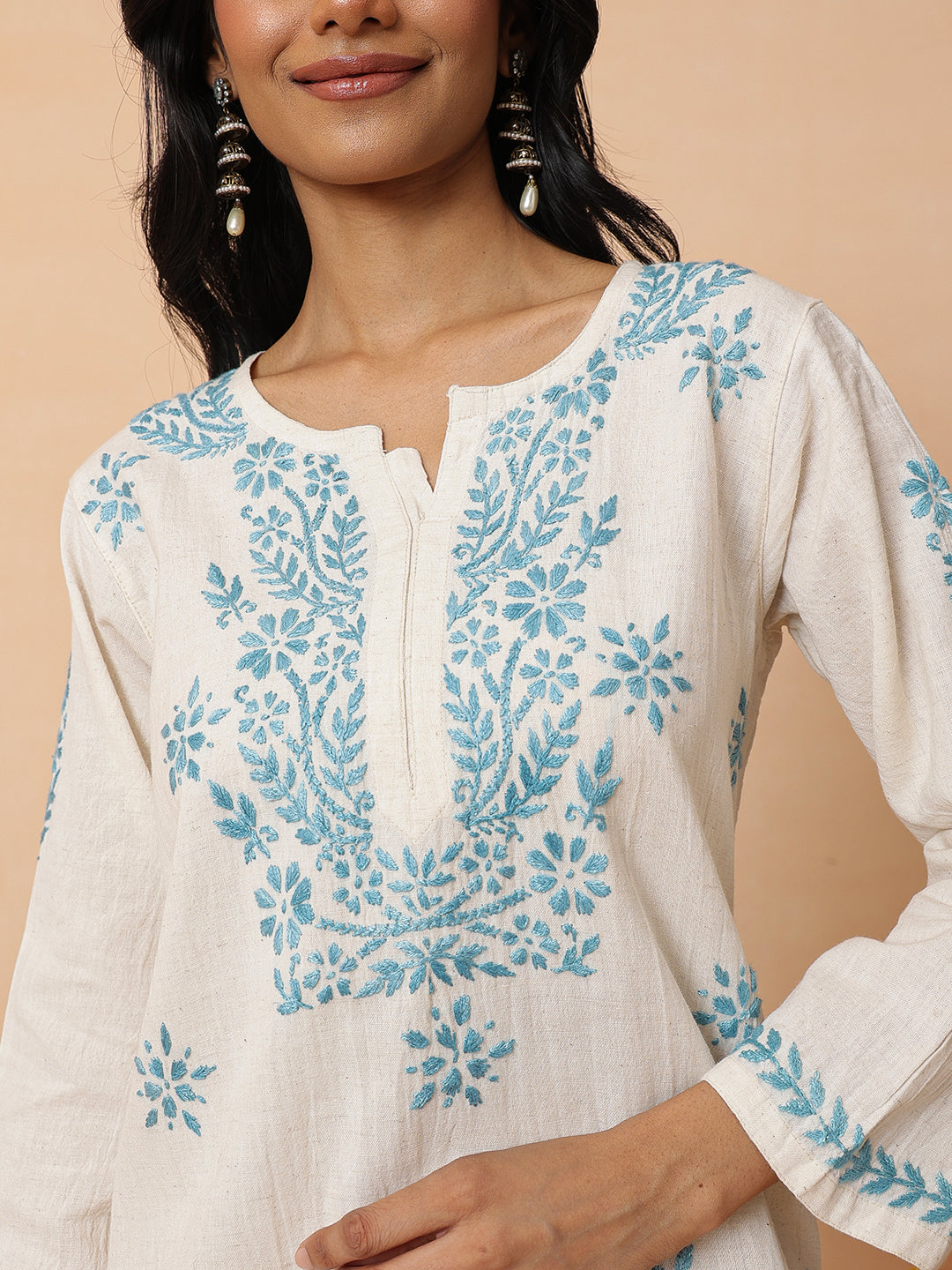 Ada Hand Embroidered Off White Linen Lucknowi Chikankari Short Kurti A911590_6