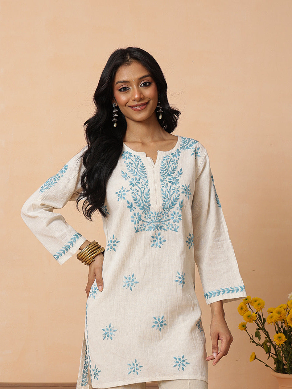 Ada Hand Embroidered Off White Linen Lucknowi Chikankari Short Kurti A911590_7