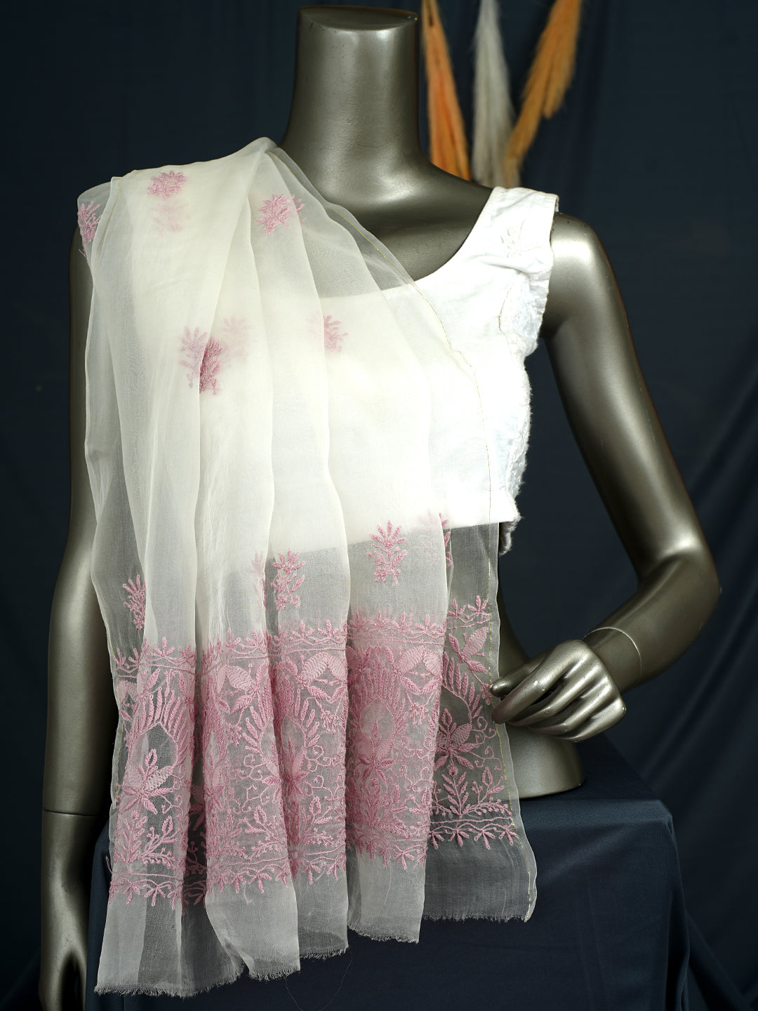 Ada Hand Embroidered Off White Organza Lucknowi Chikankari Dupatta  07A502505