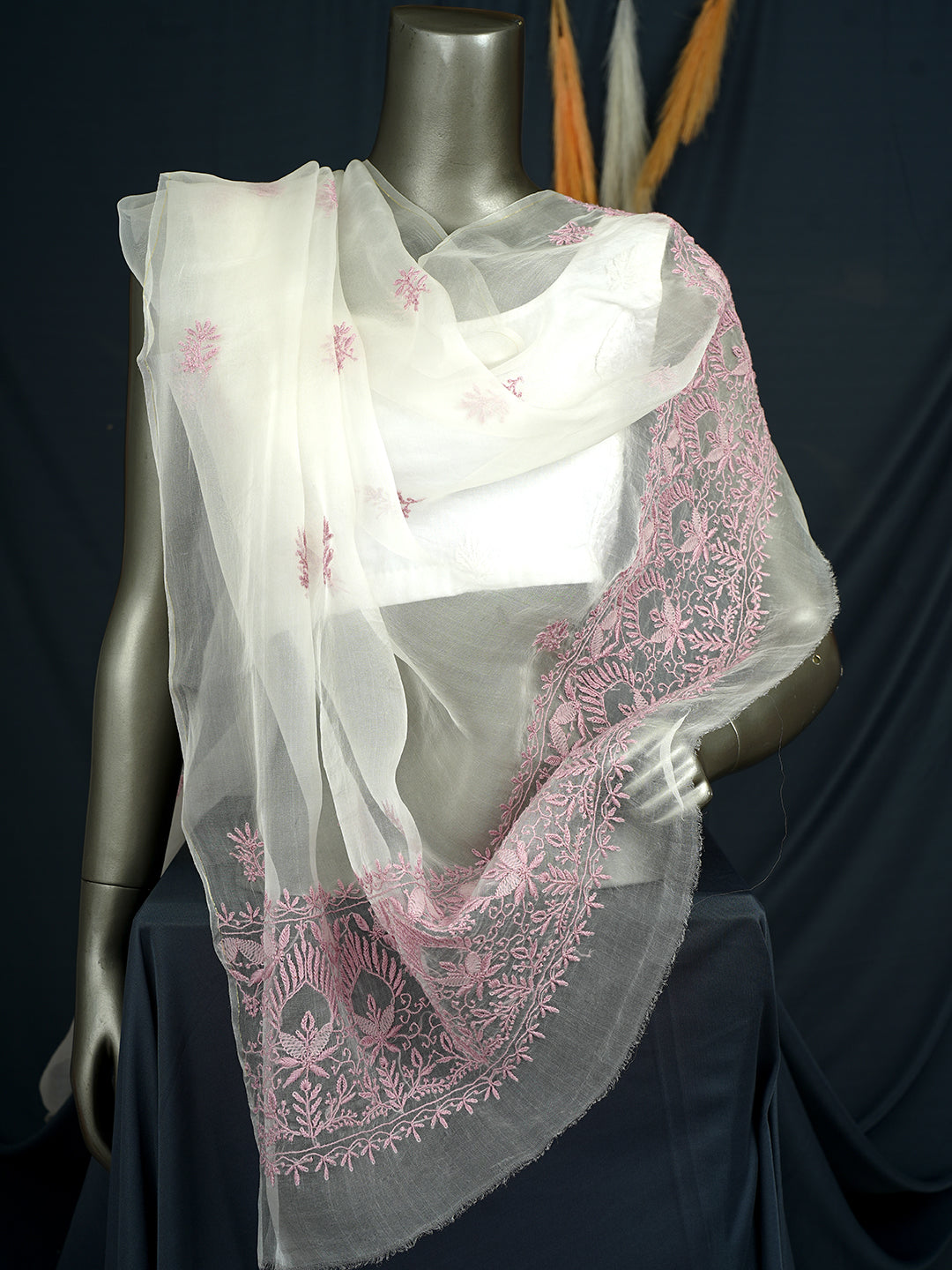 Ada Hand Embroidered Off White Organza Lucknowi Chikankari Dupatta  07A502505