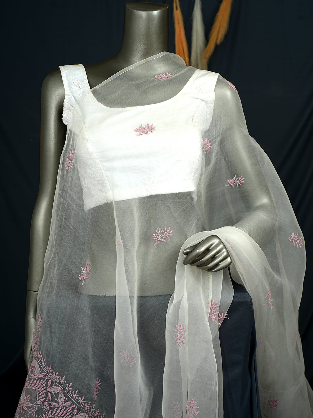 Ada Hand Embroidered Off White Organza Lucknowi Chikankari Dupatta  07A502505