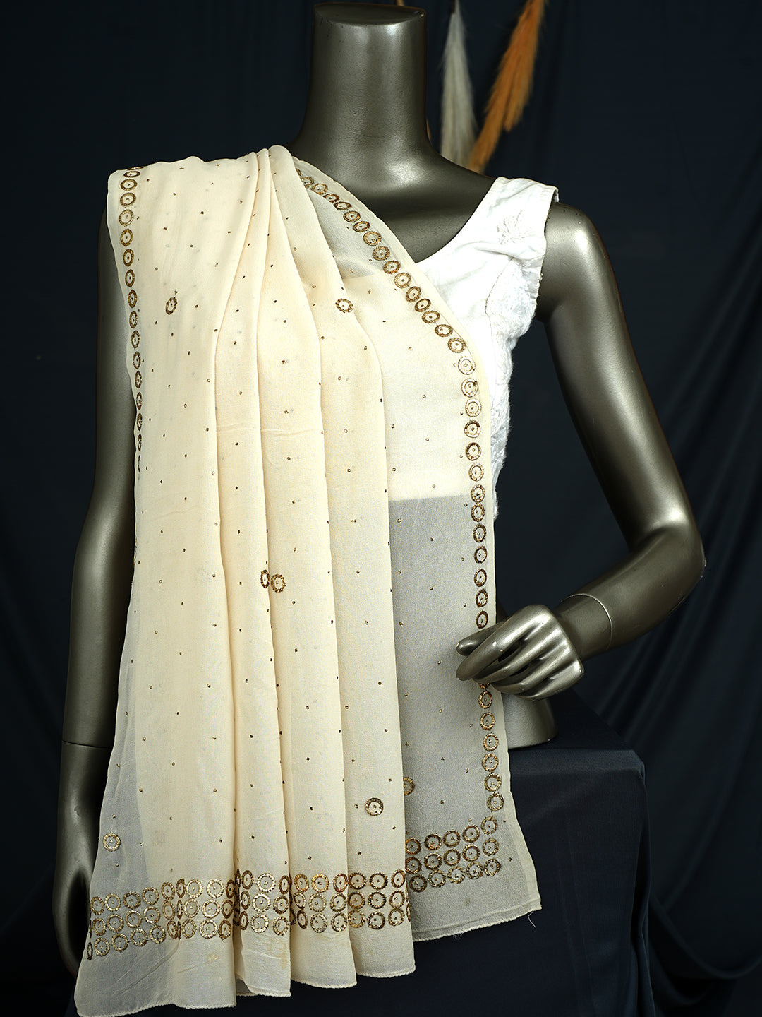Ada Hand Embroidered Off White Pure Georgette Dupatta With Muqaish/Mukaish A544146