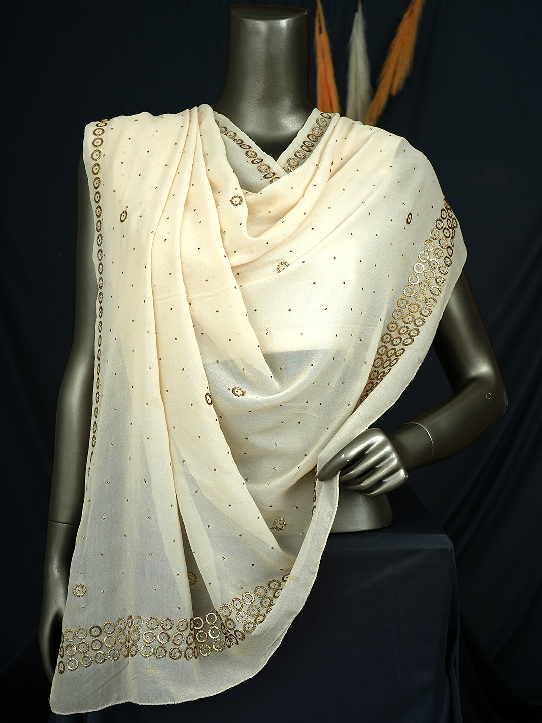 Ada Hand Embroidered Off White Pure Georgette Dupatta With Muqaish/Mukaish A544146