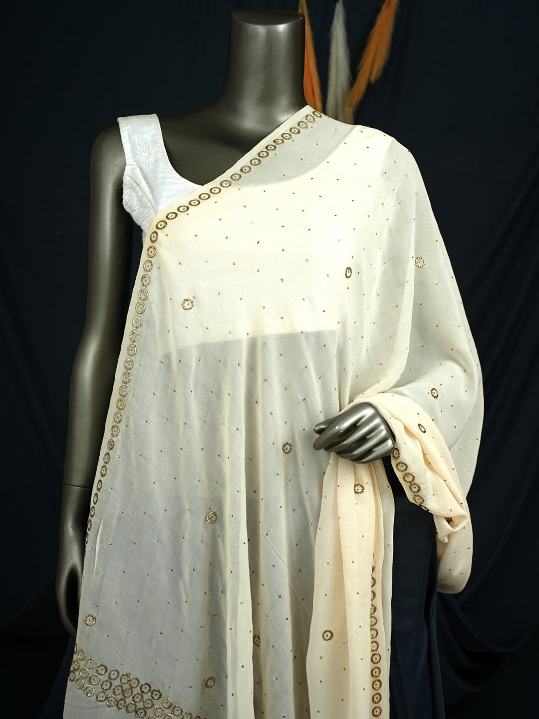 Ada Hand Embroidered Off White Pure Georgette Dupatta With Muqaish/Mukaish A544146