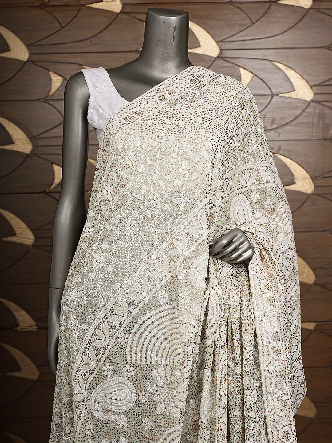 Ada Hand Embroidered Off White Pure Georgette Lucknowi Chikankari Dupatta With MuqaishMukaish Work 01A889820_3