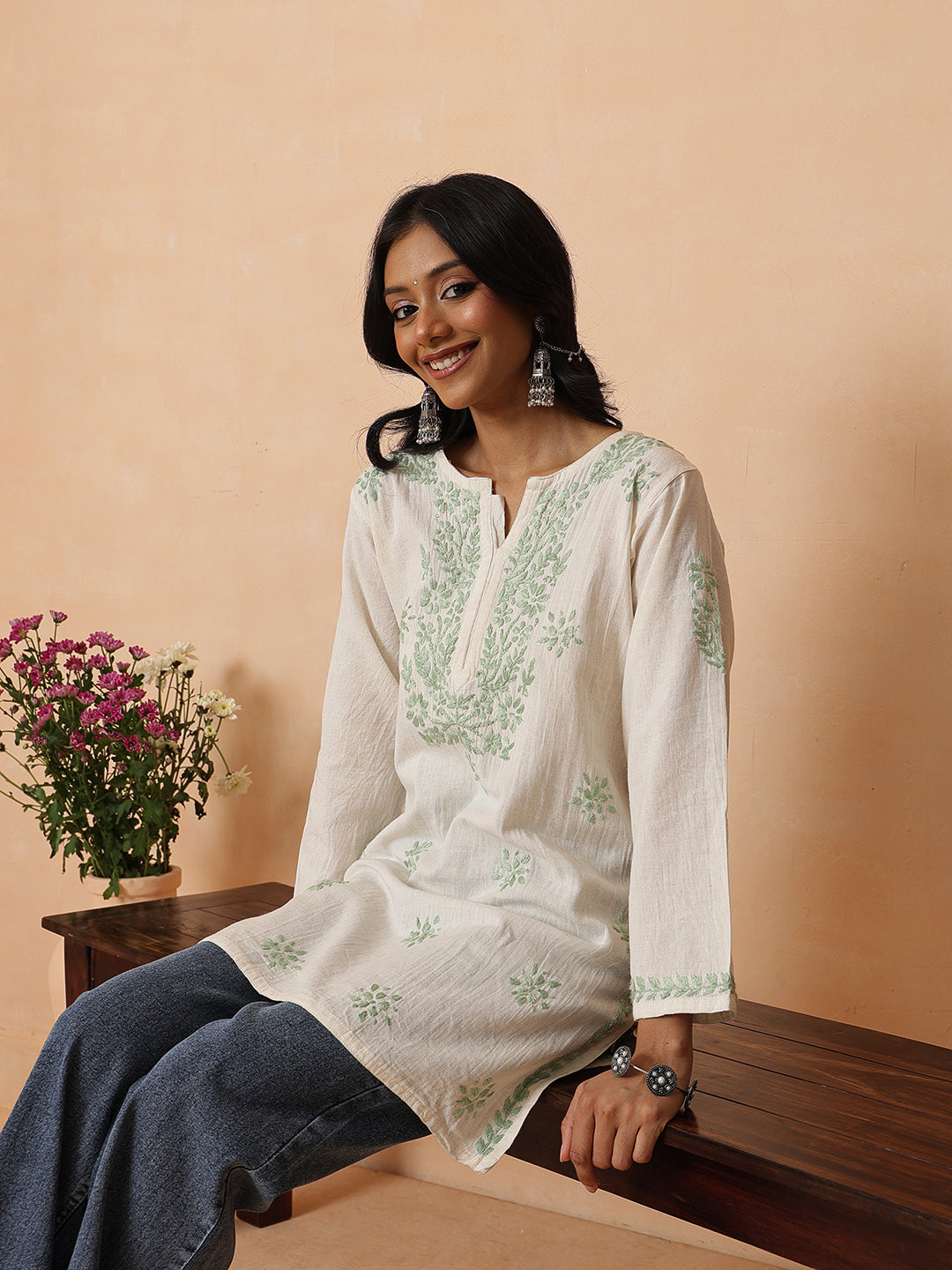 Ada Hand Embroidered Off White & Green Linen Lucknowi Chikankari Short Kurti A911590_2