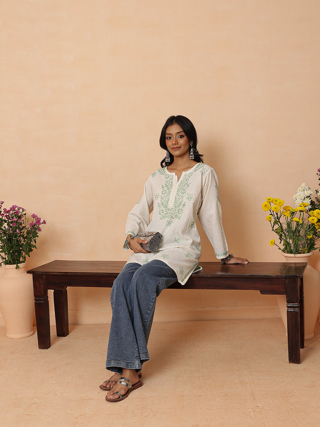 Ada Hand Embroidered Off White & Green Linen Lucknowi Chikankari Short Kurti A911590_3