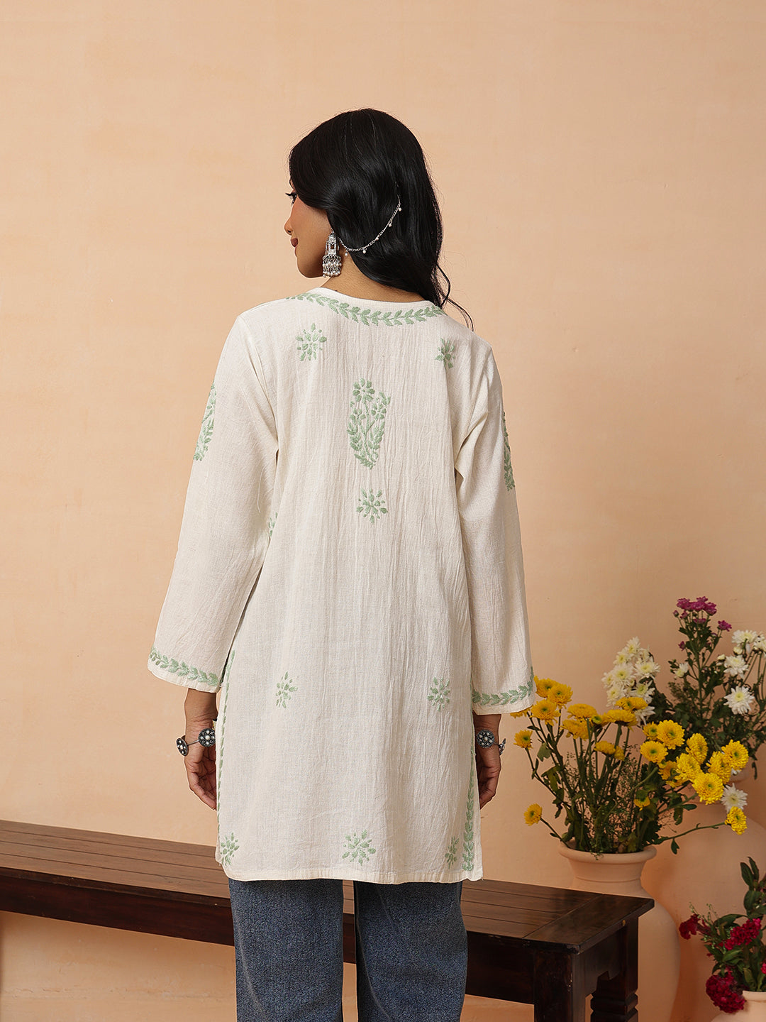 Ada Hand Embroidered Off White & Green Linen Lucknowi Chikankari Short Kurti A911590_6