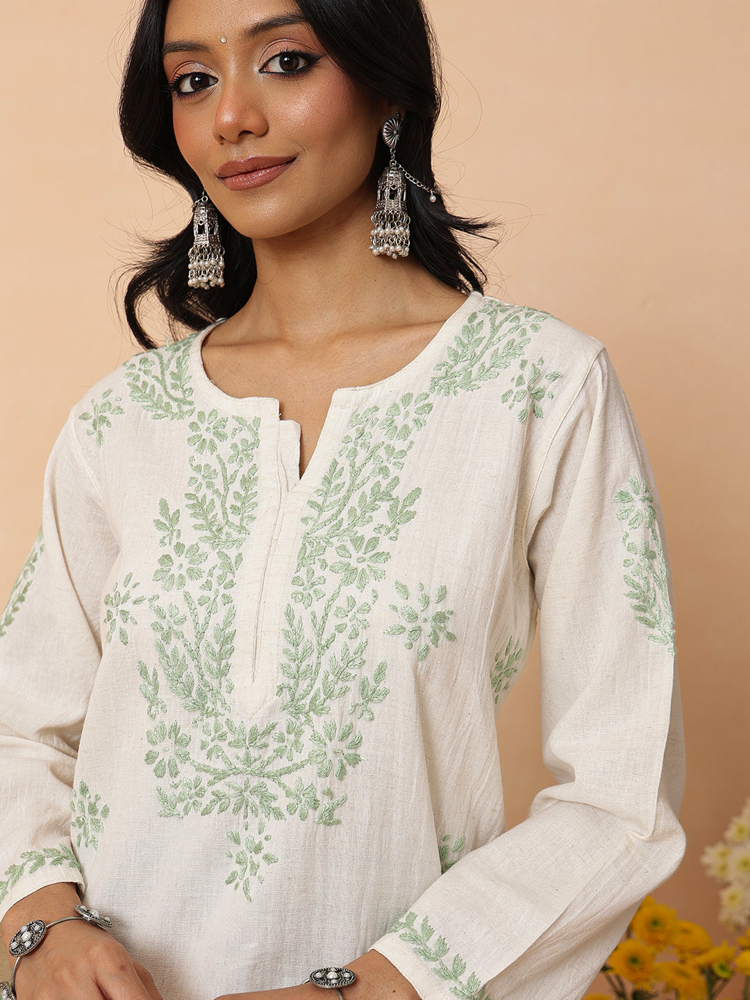 Ada Hand Embroidered Off White & Green Linen Lucknowi Chikankari Short Kurti A911590_8