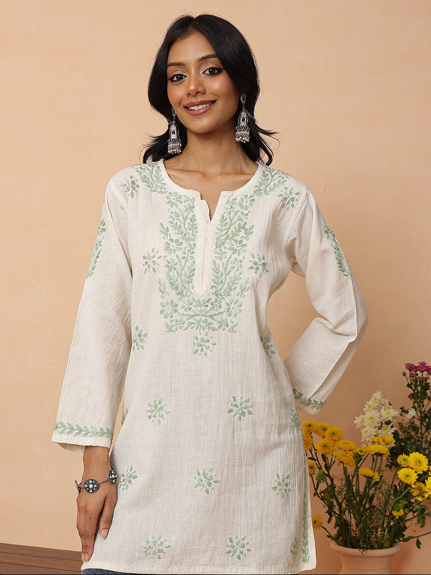 Ada Hand Embroidered Off White & Green Linen Lucknowi Chikankari Short Kurti A911590_1
