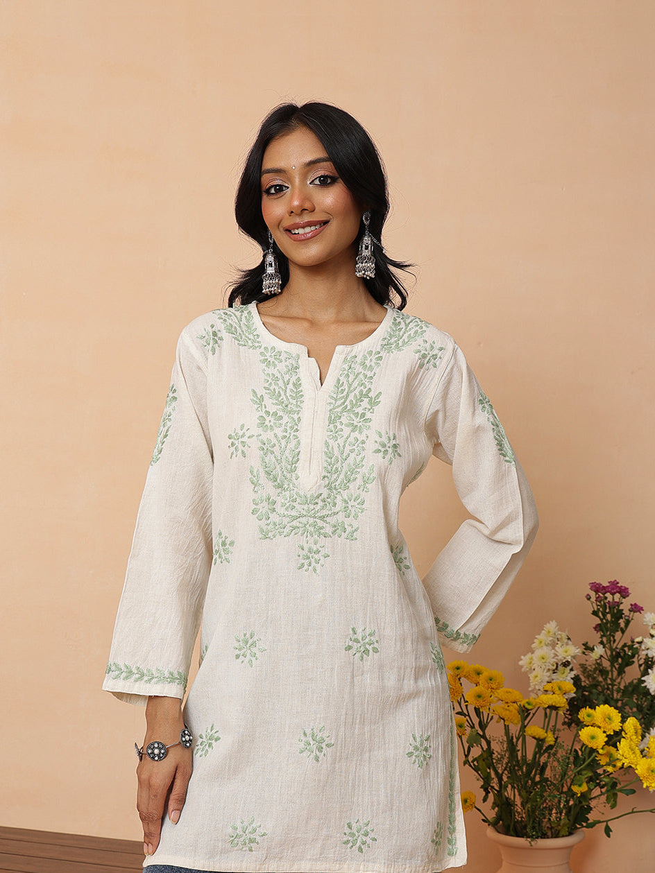 Ada Hand Embroidered Off White & Green Linen Lucknowi Chikankari Short Kurti A911590_1
