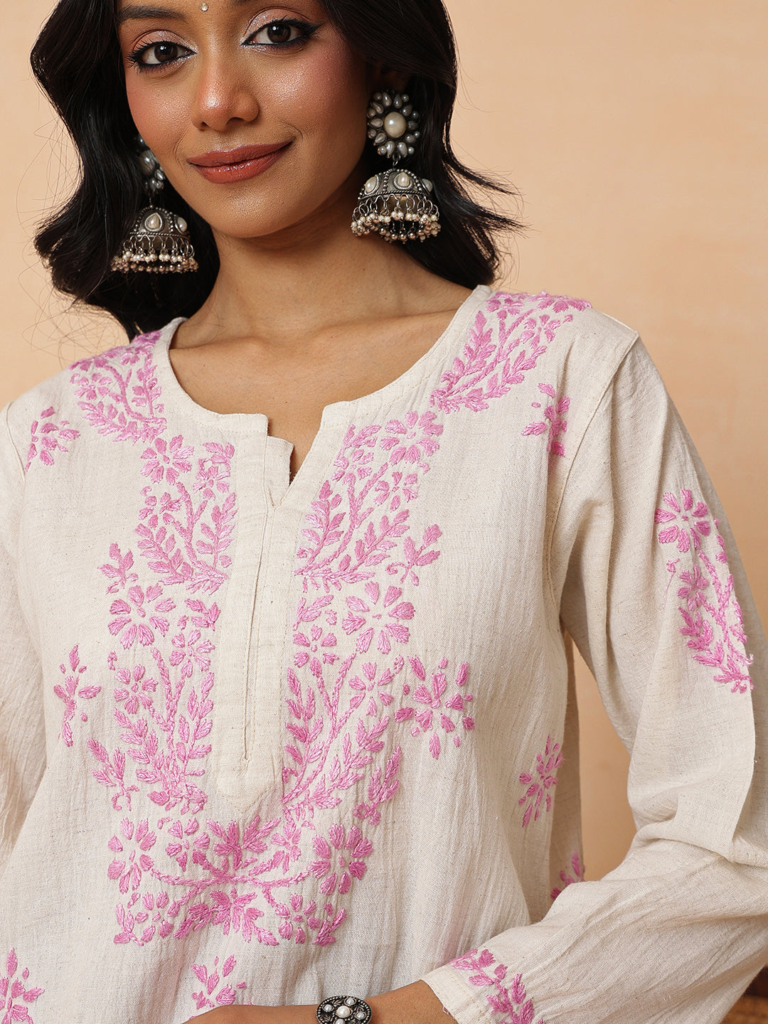 Ada Hand Embroidered Off White & Mauve Linen Lucknowi Chikankari Short Kurti A911591