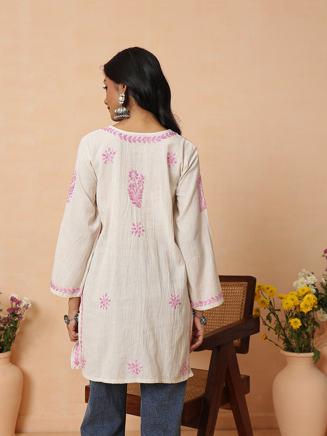 Ada Hand Embroidered Off White & Mauve Linen Lucknowi Chikankari Short Kurti A911591