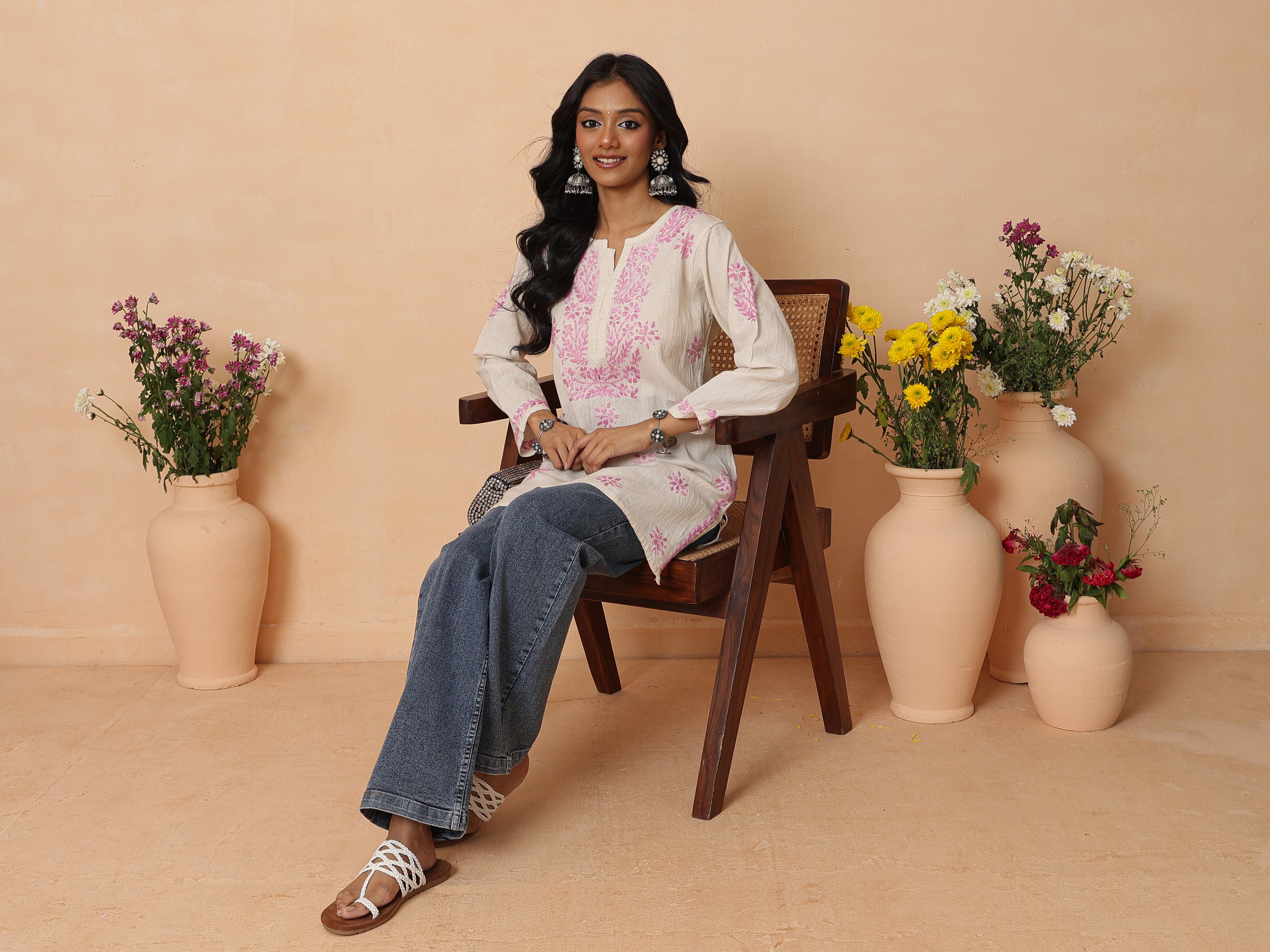 Ada Hand Embroidered Off White & Mauve Linen Lucknowi Chikankari Short Kurti A911591