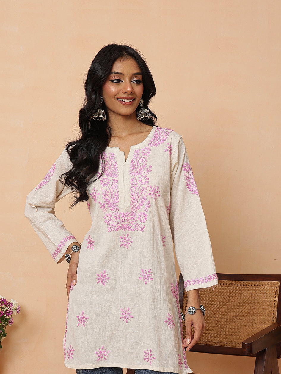 Ada Hand Embroidered Off White & Mauve Linen Lucknowi Chikankari Short Kurti A911591