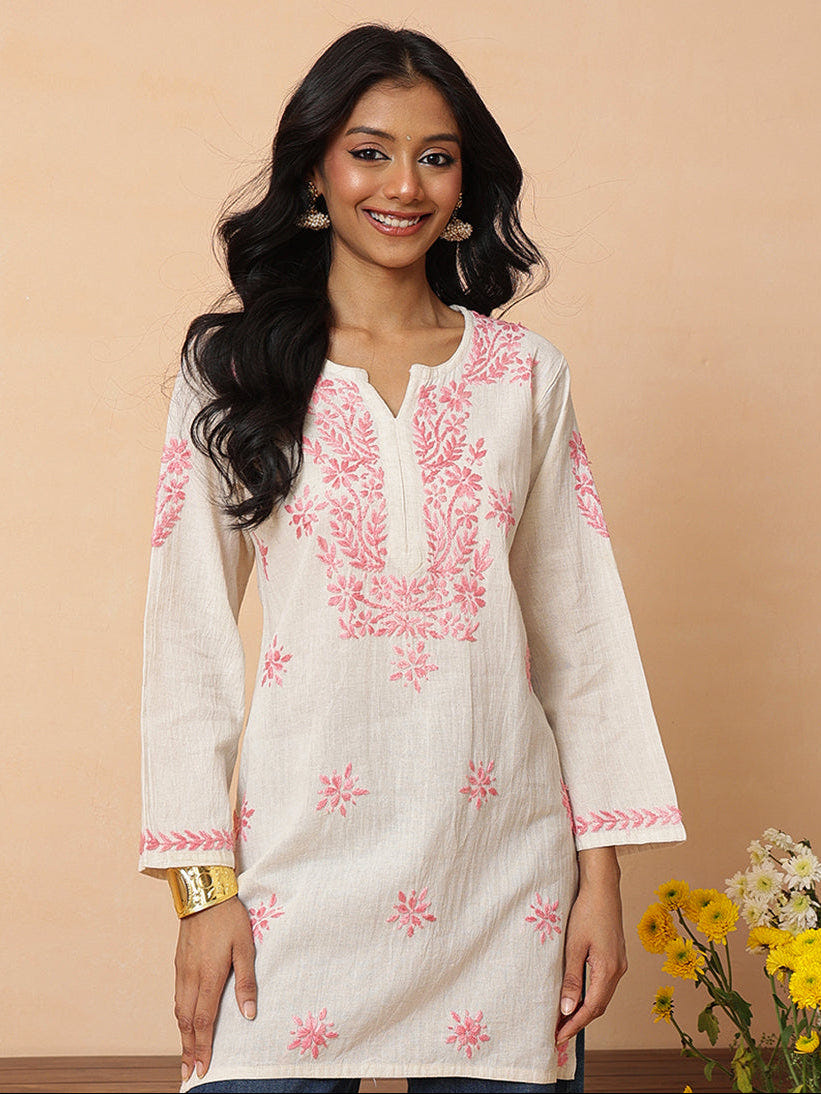 Ada Hand Embroidered Off White & Pink Linen Lucknowi Chikankari Short Kurti A911589_1