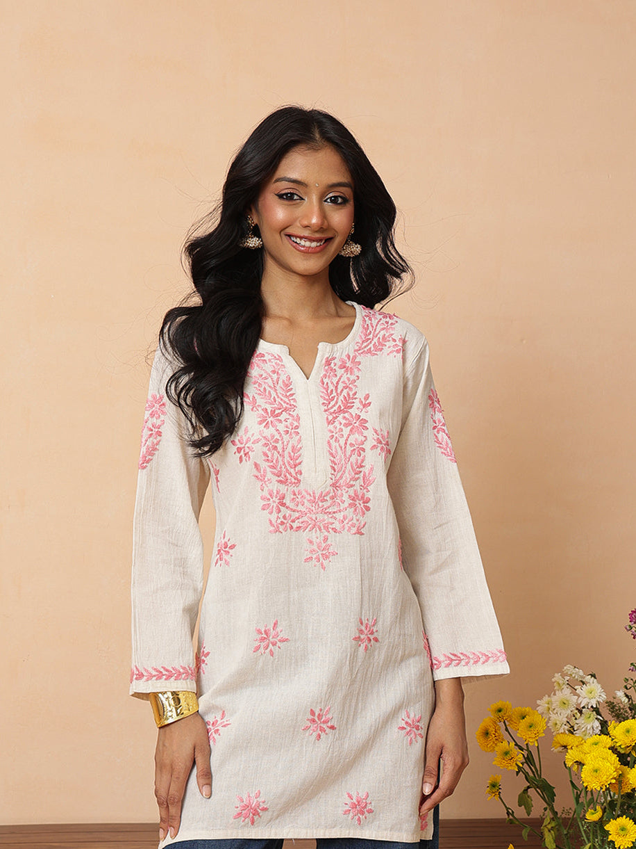 Ada Hand Embroidered Off White & Pink Linen Lucknowi Chikankari Short Kurti A911589_1