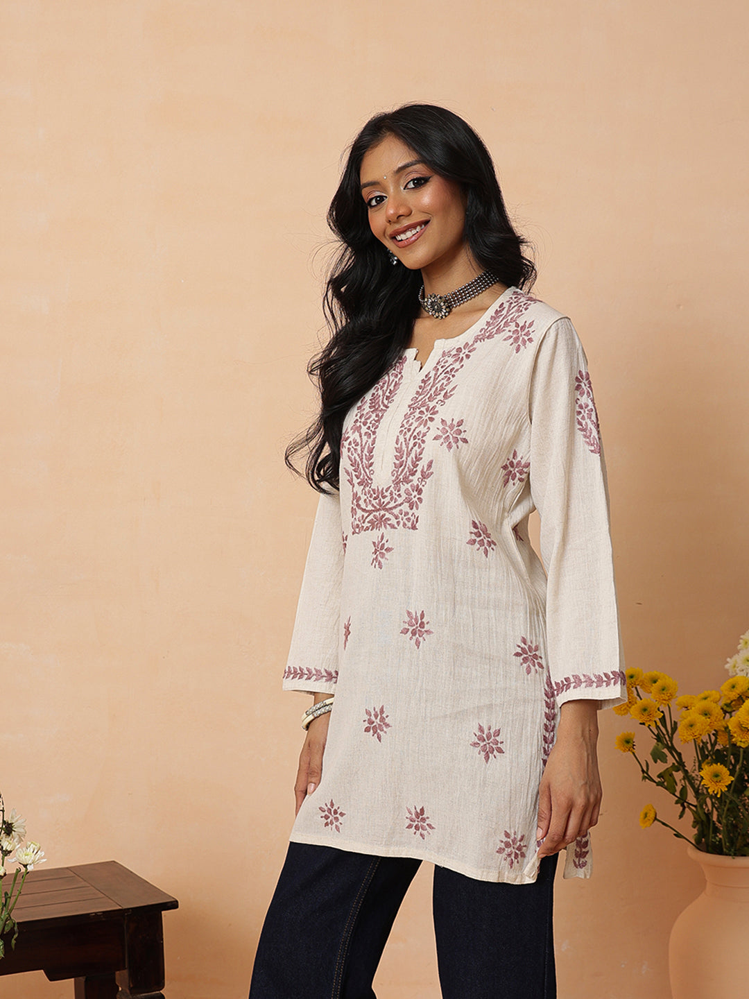Ada Hand Embroidered Off White & Wine Linen Lucknowi Chikankari Short Kurti A911588_3