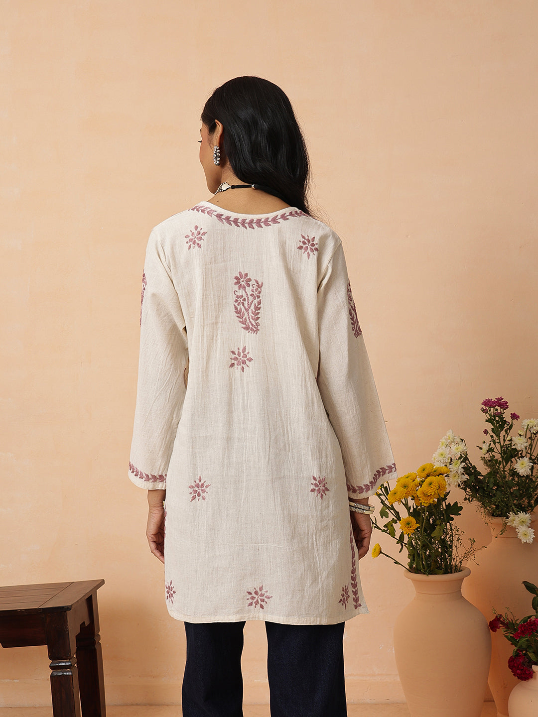 Ada Hand Embroidered Off White & Wine Linen Lucknowi Chikankari Short Kurti A911588_4