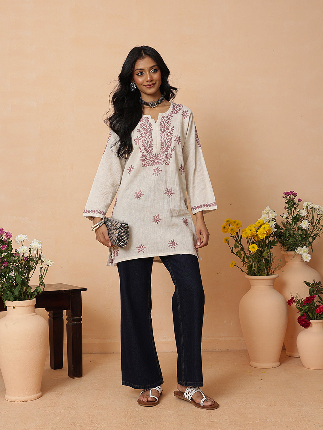 Ada Hand Embroidered Off White & Wine Linen Lucknowi Chikankari Short Kurti A911588_5