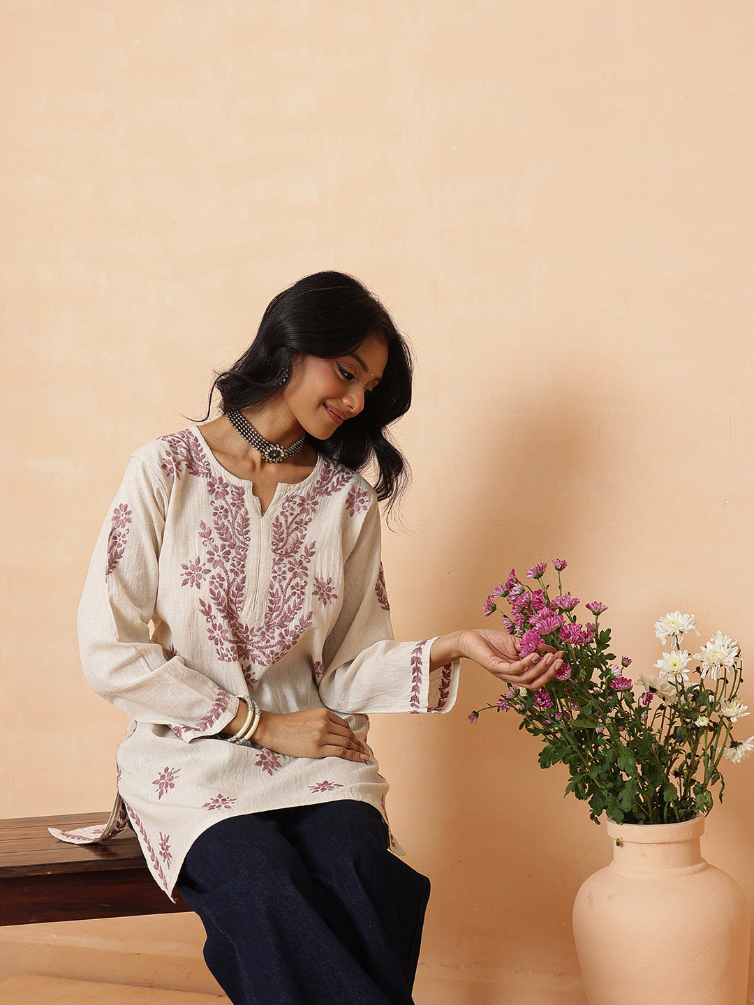 Ada Hand Embroidered Off White & Wine Linen Lucknowi Chikankari Short Kurti A911588_6