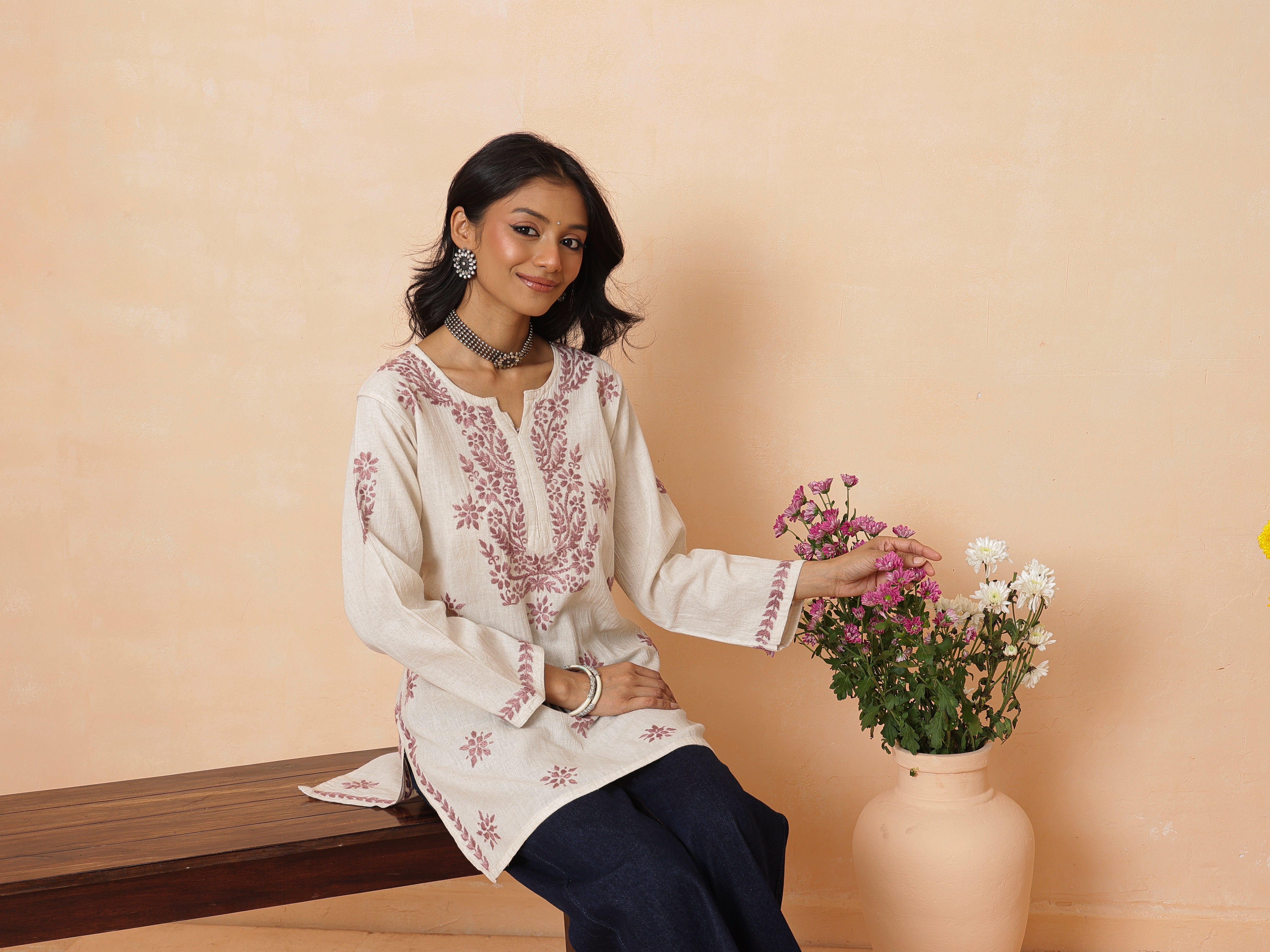 Ada Hand Embroidered Off White & Wine Linen Lucknowi Chikankari Short Kurti A911588_7