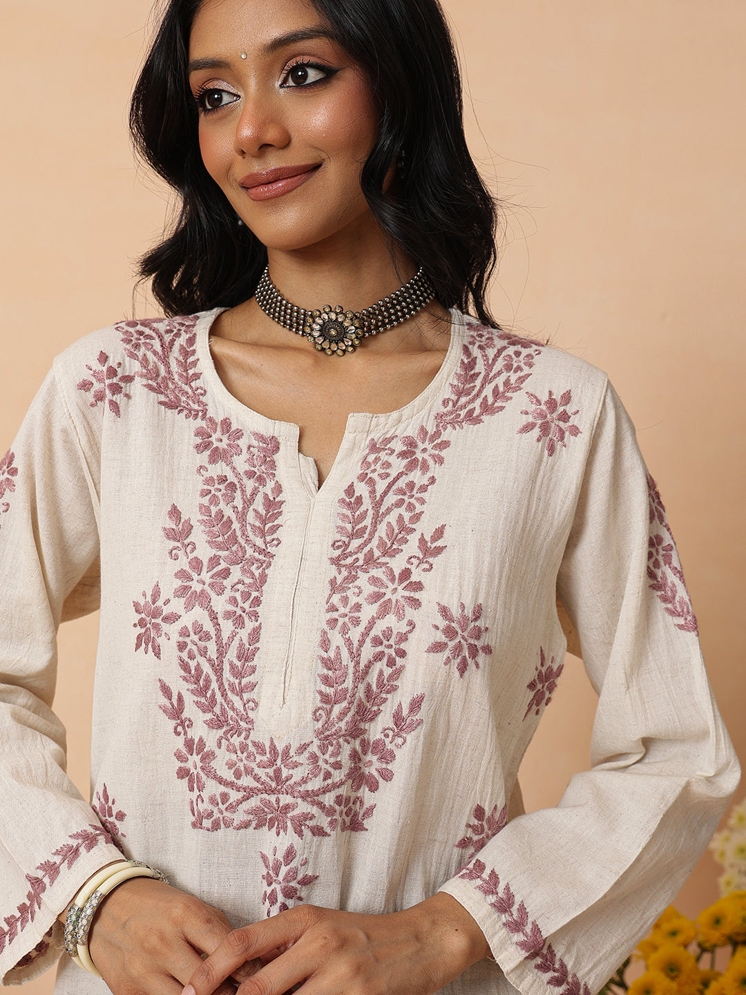 Ada Hand Embroidered Off White & Wine Linen Lucknowi Chikankari Short Kurti A911588