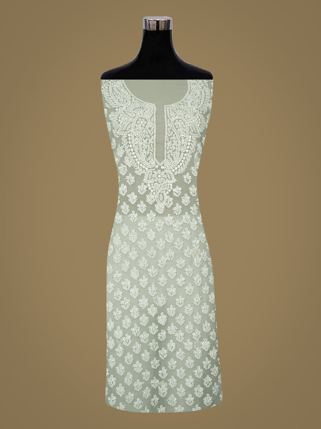 Ada Hand Embroidered Olive Green Faux Georgette Lucknowi Chikankari Unstitched Suit Piece_2